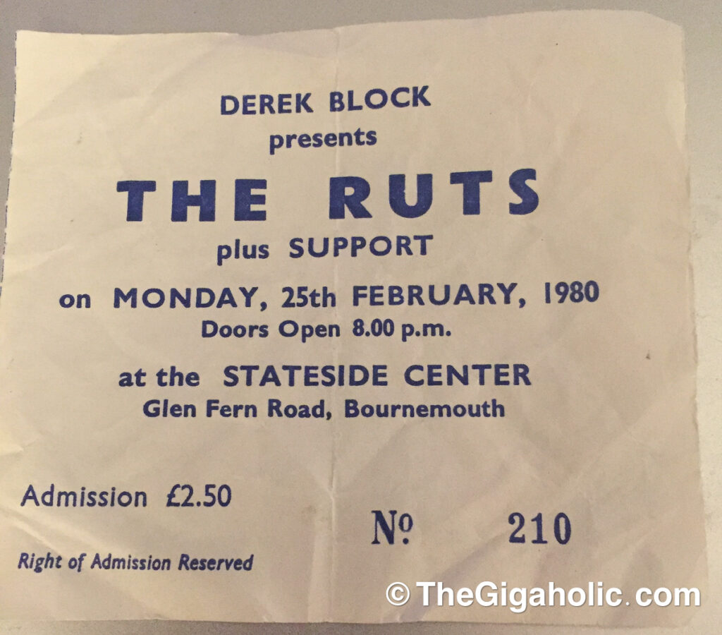 Ticket stub from The Ruts in Bournemouth, 1980.